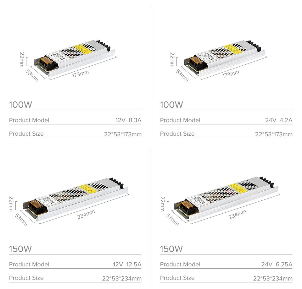 Alimentation LED ultra fine, 12V, 24V, 48V, 60W, 100W, 150W, 200W