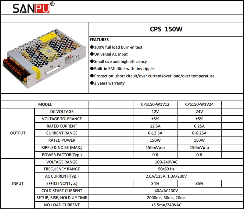 CPS150_W1V12_SANPU_2016_New_12_V_12_5A_150_7